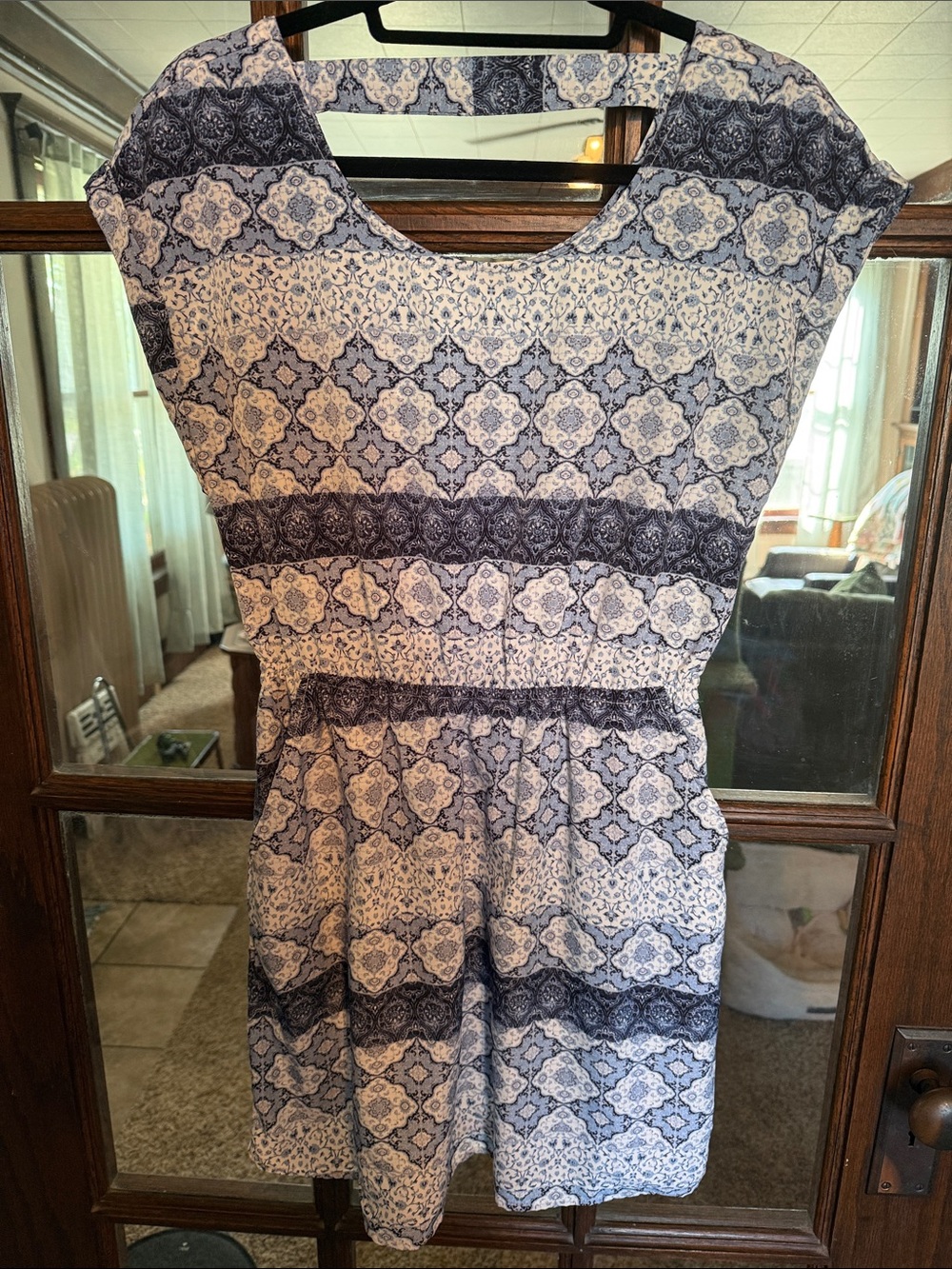 Pink Rose Blue‎ White Medallion Tile Print Romper Elastic Waist Pockets Size M